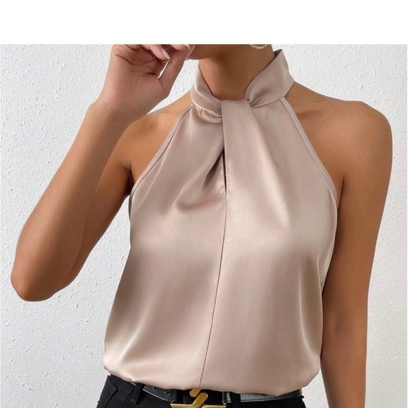 Luxe Satin Mock Neck Halter Sleeveless Top Blouse Shirt - Picture 3 of 12